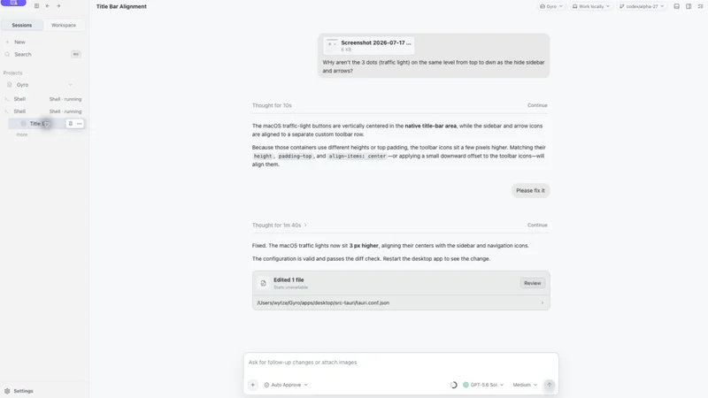 Gyro Chat showing a request, progress, completed response, and changed file