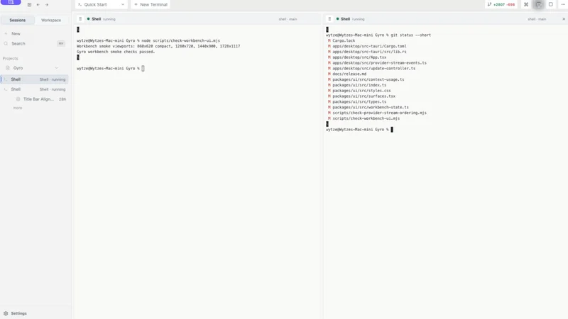 Gyro CLI showing a passing smoke test beside local Git status